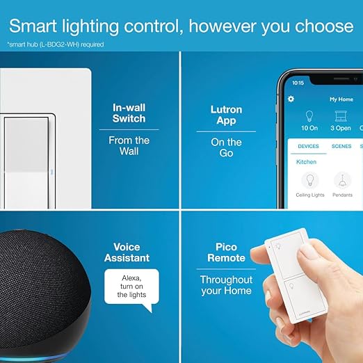 Lutron Claro Smart Light Switch for Caseta Lighting, for LED Lights, Fans, 5 Amp, Single-Pole/3-Way, Neutral Required, DVRF-5NS-GR, Gray