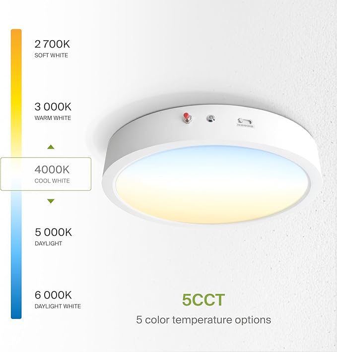 ASD LED 12" Round Flush Mount Ceiling Light Fixture, Low Profile Surface Lighting | 5CCT, Dimmable, Battery Backup, ETL Listed | 24W 2100LM 2700-6000K 120V | Kitchen, Hallway Lamp | White