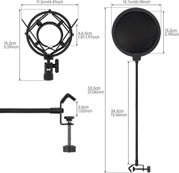 Anti-vibration Microphone Shock Mount for 46mm-50mm Condenser Microphones with Pop Filter for Broadcasting Studio Music Recording, Wind Pop Screen Flexible 360 Degree Gooseneck Clip Arm