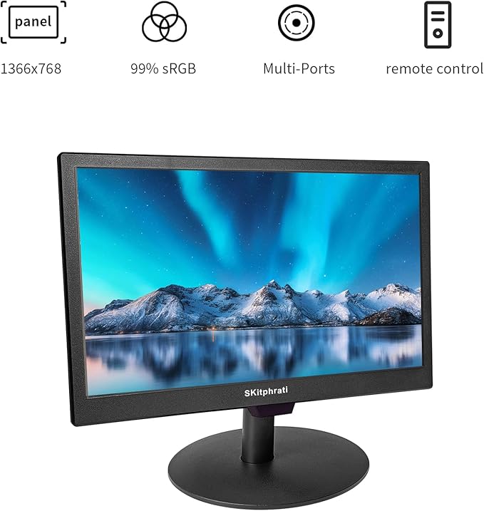 SKitphrati 15.6 Inch Small Computer PC Monitor, 1366x768 Video Screen With HDMI VGA BNC Ports, VESA Mounting, NVR/DVR for Home Office, Built-in Speakers