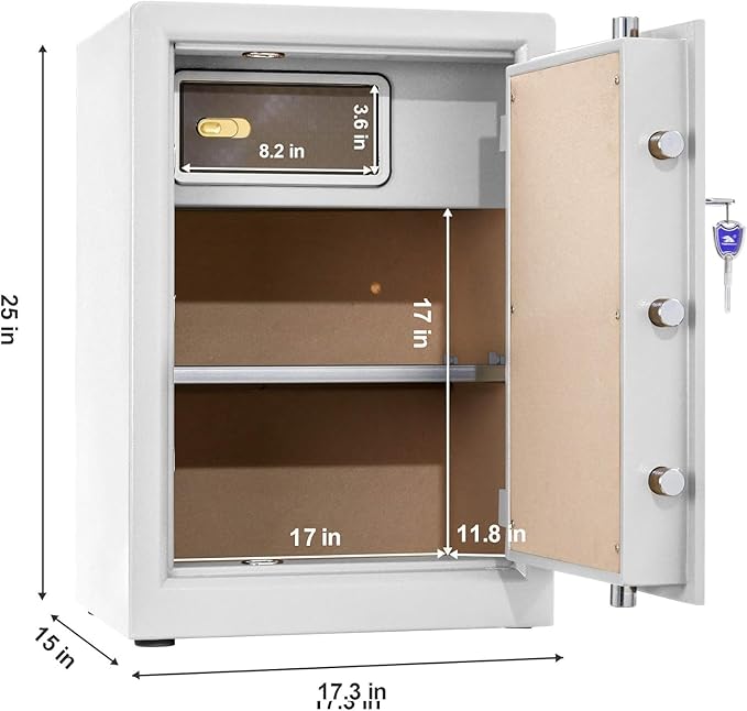 TIGERKING Safe Box,Home Safe,Large Security Box with Double Safety Key Lock and Password for Money and Document,3.7 Cubic White