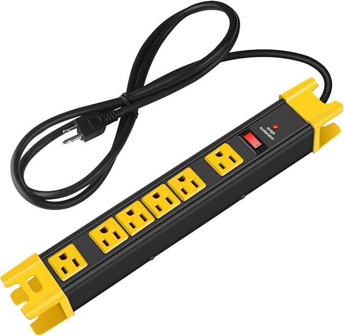 CCCEI Heavy Duty Power Strip Surge Protector - 6 Outlet Industrial Strip with 15A, 1200 Joules - ETL Listed Metal for Shop, Workshop, Garden (6FT, Black)