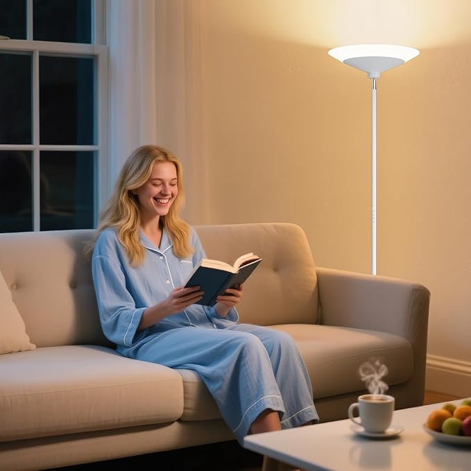SIBRILLE White Torchiere Floor Lamp - 30W Dimmable LED Standing Lamp with Remote/Button Control, 1800Lm, 3000-6500K, 72in Bright Standing Pole Light for Living Room Bedroom Office Corner