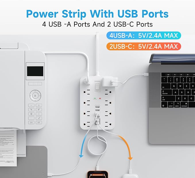 Flat Extension Cord with USB and USBC Ports, 5FT Extension Cord with 10 AC Outlet 6 USB, 1 Switch & 2 LED Indicator, USB Charging Station for Multiple Devices, for Home, Office, Dorm Essentials