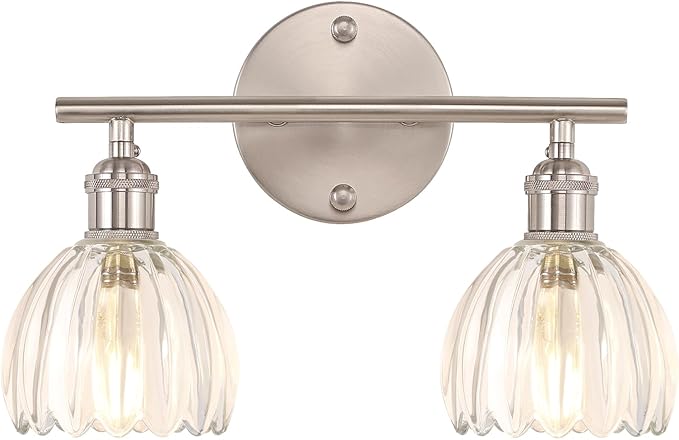 Shenmoyl Bathroom Light Fixtures, 2-Light Vanity Wall Light Over Mirror with Clear Tulip Glass Shade for Bedroom Living Room (Bulb Not Included), Satin Nickel