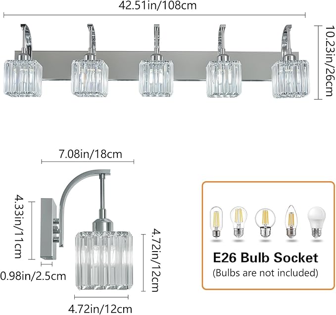 FDPBY Crystal Vanity Lights 5-Light Chrome Bathroom Vanity Lights Modern Crystal Bathroom Light Fixtures Over Mirror 42.51" Long Vanity Light for Bathroom