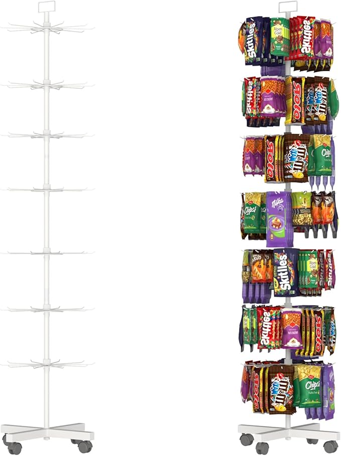 YEOOE Retail Display Racks 7 Tier Spinning Display Stand, Movable Shop Spinner Rack with Hooks, Retail Display Stand for Jewelry Keyring Hats Socks Toys (White)