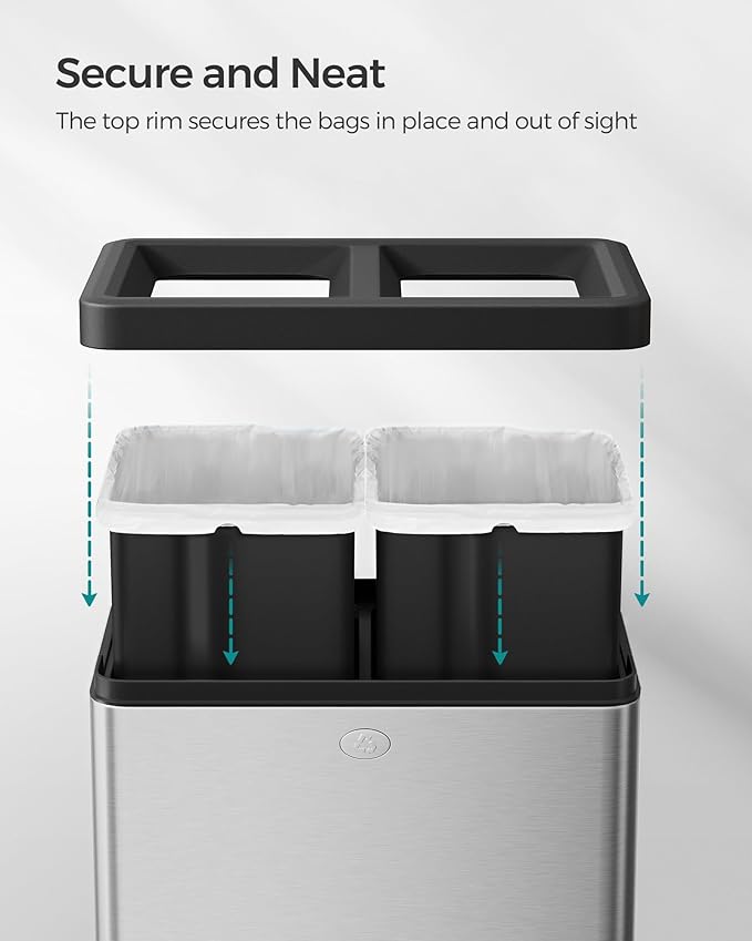 SONGMICS 2 x 6.6 Gallon Open Top Trash Can, Dual Compartment Garbage Can for Waste and Recycling, Stainless Steel, Trash Bin for Office, Restaurant, Commercial Use, Metallic Silver ULTB710E50