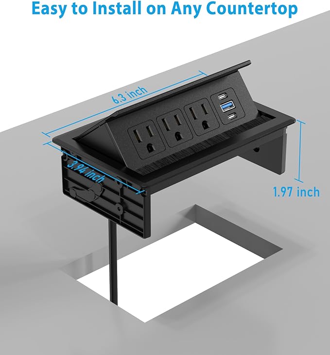 Recessed Conference Table Power Hub with 20W USB-C PD Fast Charging, Flush Mounted for Desks, Kitchens & RVs, 6FT Power Cord (Black)