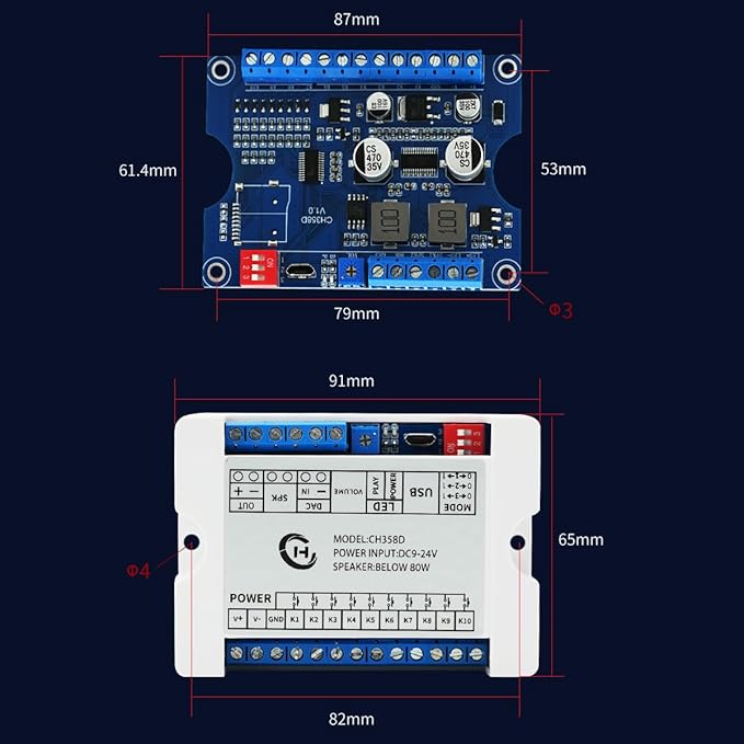 80W Vocie Playback Module,CH358D Low Lever Trigger 8MB DC 9-24V Sound Board with Case,Support USB Download,MP3 Hardware Decoding,10-Way Button One-to-One,8 Combined Playback for Industry Broadcast.