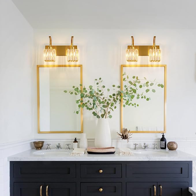 FDPBY Crystal Vanity Lights 2-Light Gold Wall Lamp Modern Crystal Bathroom Light Fixtures Over Mirror 13.77" Long Bathroom Wall Sconce