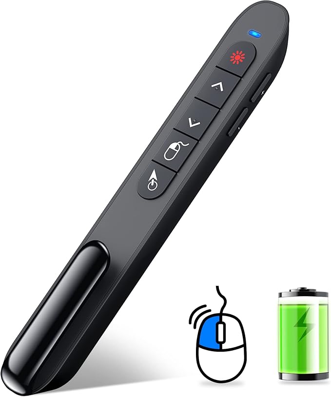DINOSTRIKE Wireless Presenter Remote with Air Mouse Control, Rechargeable USB Presentation Clicker PPT Pointer RF 2.4GZ PowerPoint Clicker Slide Advancer for Computer Laptop Mac