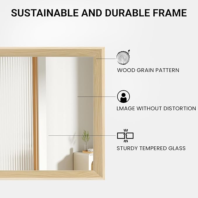 Oak Wood Effect Framed Wall Mirror, 16x20 Rectangle Mirror, 1/8" Anti-desilvering Tempered Glass, Sustainable&Sturdy Frame, Anti-Rust, HD Reflection &3min Fast Setup for Bathroom Living Room