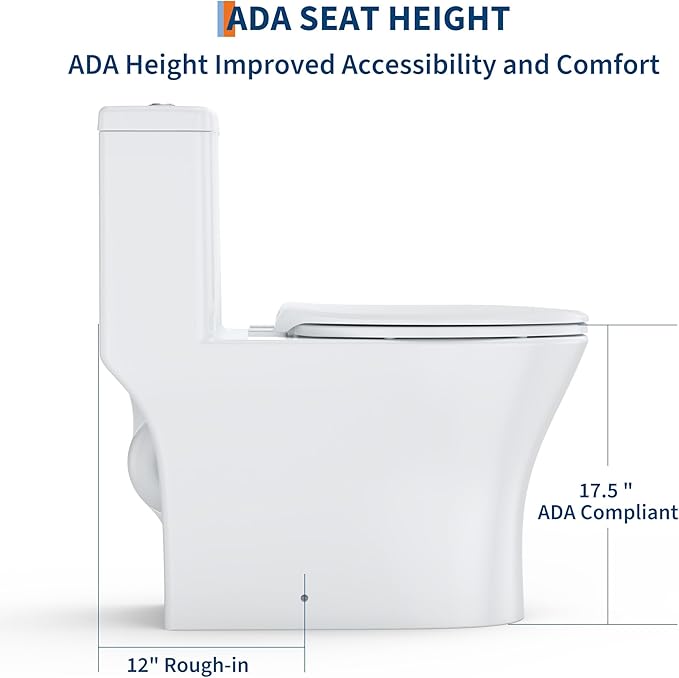 One Piece Toilet with ADA Height - Elongated Ceramic Design, Soft Closing PP Toilet Cover, Easy Clean Surface, Water Efficient Flush, Compact Durable Build