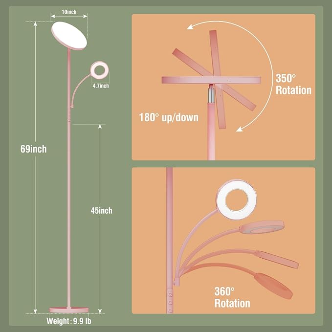 marctronic Pink Floor Lamp, 42W 4000LM Super Bright LED Room Lamp with Adjustable Reading Light,Dimmable Modern Standing Lamp with Remote & Touch Control for Room Bedroom Office Floor Light