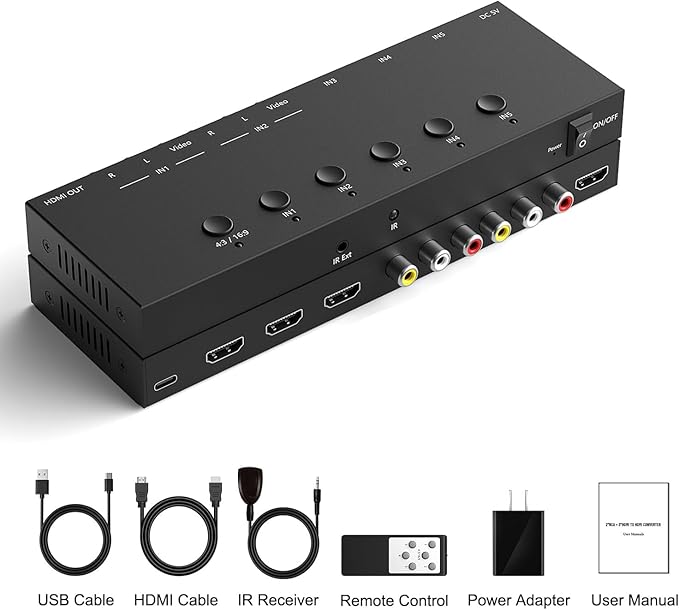 Azduou 2 AV Inputs + 3 HDMI 2.0 Inputs to HDMI Converter (5 in 1) with Upgrade New Version
