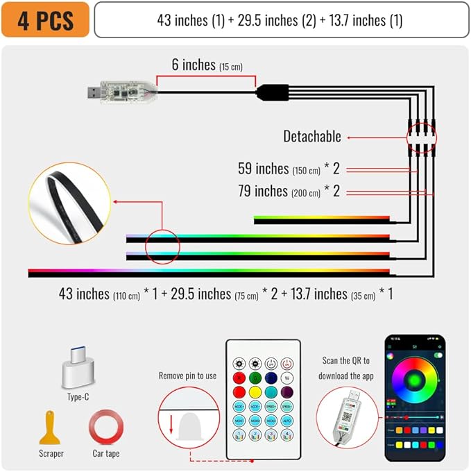 Ambient Lighting Car Led Lights Interior with APP, USB Powered Acrylic Neon Flexible Strip Fiber Optic LED Ambient Lighting kit,4 in 1 RGB Sound Active Music Lights Sync Car Decorations