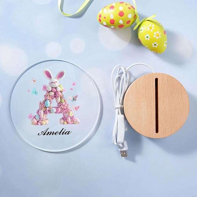 idooodle Personalized Pink Bunny Easter Egg 3D Initial LED Night Light with Name & Wooden, Base Room Decor, Birthday Party Easter Gift for Kids