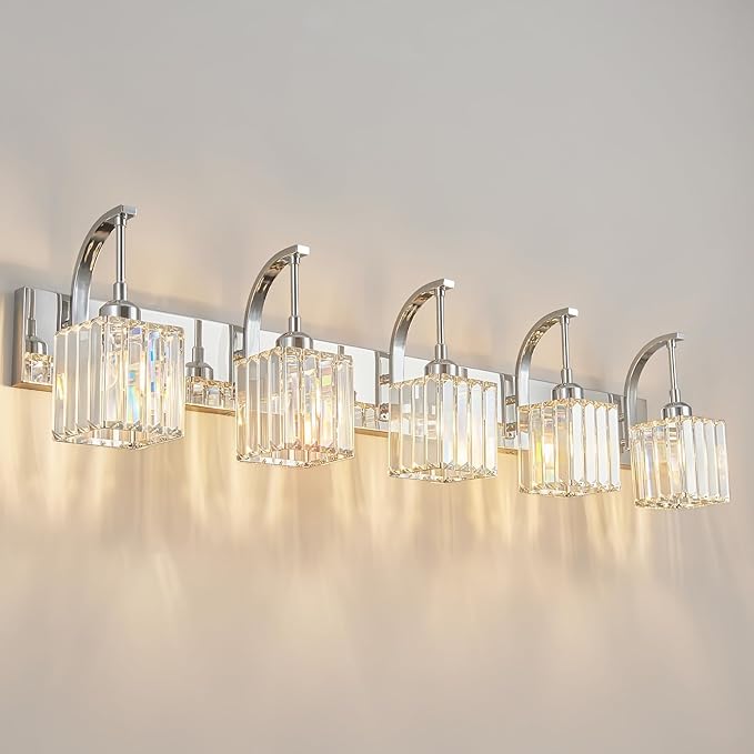 FDPBY Crystal Vanity Lights 5-Light Chrome Bathroom Vanity Lights Modern Crystal Bathroom Light Fixtures Over Mirror 42.51" Long Vanity Light for Bathroom