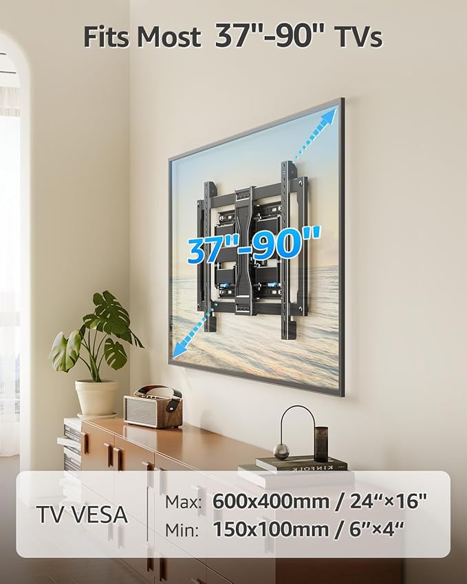 MOUNTUP Ultra Slim TV Wall Mount for Most 37-90 inch TVs, 1.1" Thin Low Profile Full Motion TV Mount Bracket, Dual Swivel Articulating Arms with Tilt, Fits 16" Studs, Max VESA 600x400mm Holds 132lbs