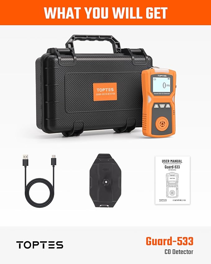 TopTes Guard-533 Portable Carbon Monoxide Detector, CO Detector with Visual, Audible & Vibration Alarms, Back Clip Design, 120h Standby, Auto Record Storage, Safety Explosion-Proof for Home, Work Use