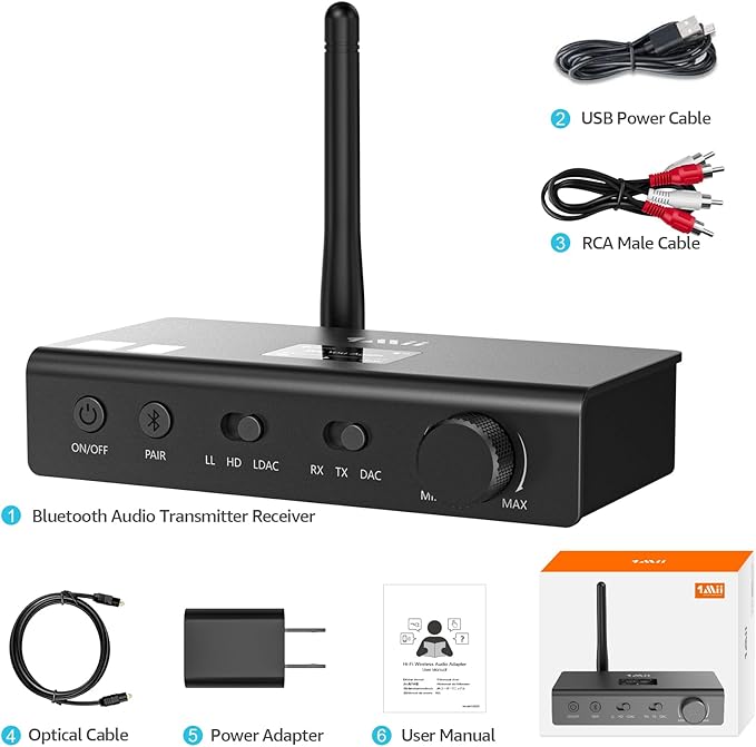 1Mii DS700 HiFi Bluetooth Audio Transmitter Receiver for TV, Long Range Wireless Adapter with Audiophile DAC, LDAC/aptX HD/aptX LL, OLED Display, Optical & Coaxial Input/Output, RCA Output Only