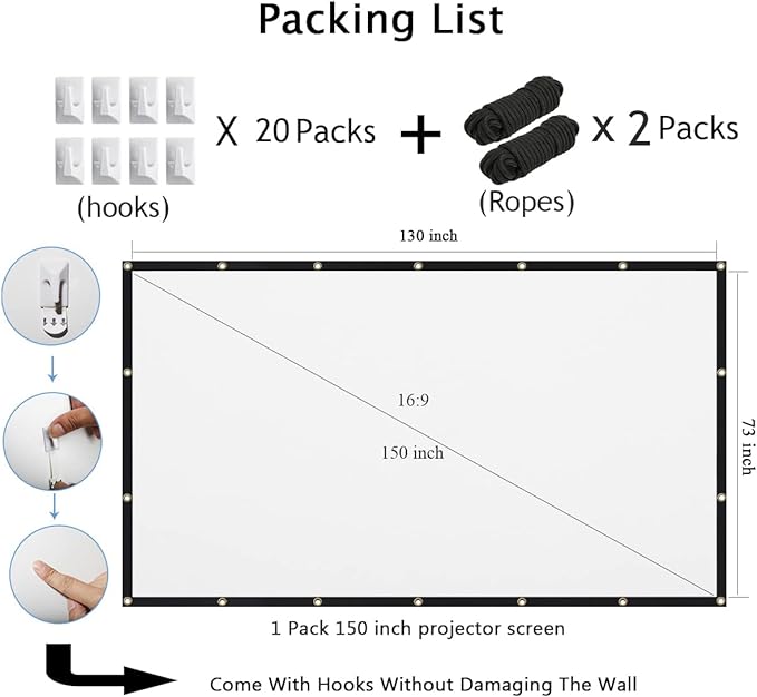 Mdbebbron 150 inch Projection Screen 16:9 Foldable Anti-Crease Portable Projector Movies Screen for Office Home Theater Indoor Outdoor Support Double Sided Projection