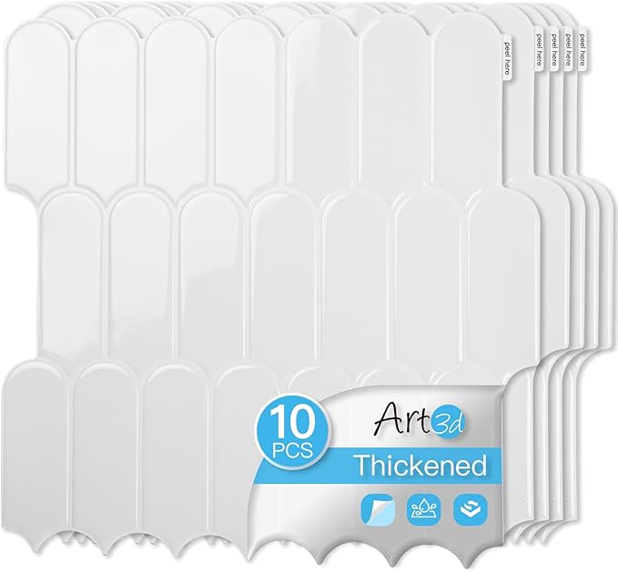 Art3d 12 x 12 Inch Heavy-Duty Peel and Stick Backsplash, Self-adhesive Wall Tiles for Kitchen Bathroom Decor, 10-Pack White