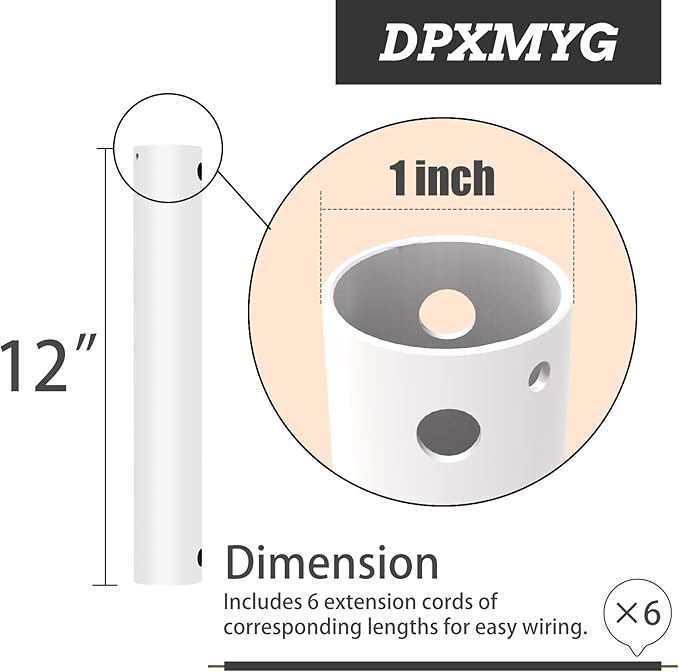DPXMYG 12 inch Ceiling Fan Downrod with Extension Cord, 1 FT White Downrod for Ceiling Fan, 1 inch Outside Diameter, Ceiling Fan Boom Suitable for a Wide Range of Fans (White, Not Threaded)