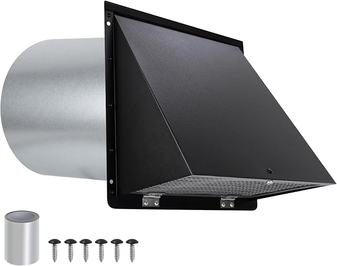 8 inch Hooded Wall Vent with Screen and Damper,Wall Vent Cover Exhaust Vent Outdoor Wall Cap Exterior Air Vent Cover for Kitchen Range Hood HVAC Duct Dryer Ventilation,Galvanized Steel,Black