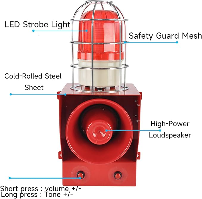EOKHEOY Alarm Siren Waterproof Indoor/Outdoor Security Emergency Adjustable 130dB Loudest Sirens with Beacon Light Protective Net Plug for Factory, Office, Warehouse, School AC110-120V