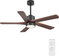 WINGBO 48 Inch DC Ceiling Fan with Lights and Remote Control, 5 Carved Solid Wood Blades, 6-Speed Noiseless Reversible DC Motor, Indoor Ceiling Fan in Matte Black Finish with Walnut Blades
