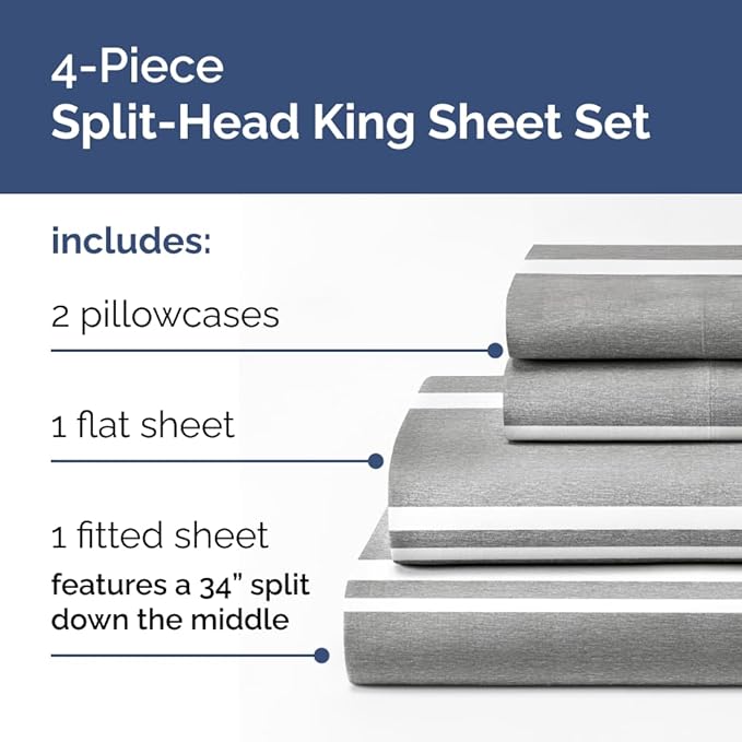 Split Head King Sheet Set – 4 Piece Flex Split Top King Sheets for Adjustable Beds - Fits 14” to 16" Mattress w/ Deep Pockets - Breathable & Cooling - Luxury Bedding and Wrinkle Free - Grey Stripes 3
