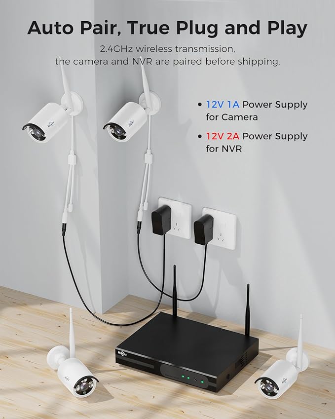 [100ft] Hiseeu Wireless WiFi Security Camera System, Wired Plug-in Powered, Expandable 16CH 4K NVR, 4Pcs 3MP Night Vision Cameras Home Surveillance Outdoor, Motion Detection, 1TB HDD, One-Way Audio