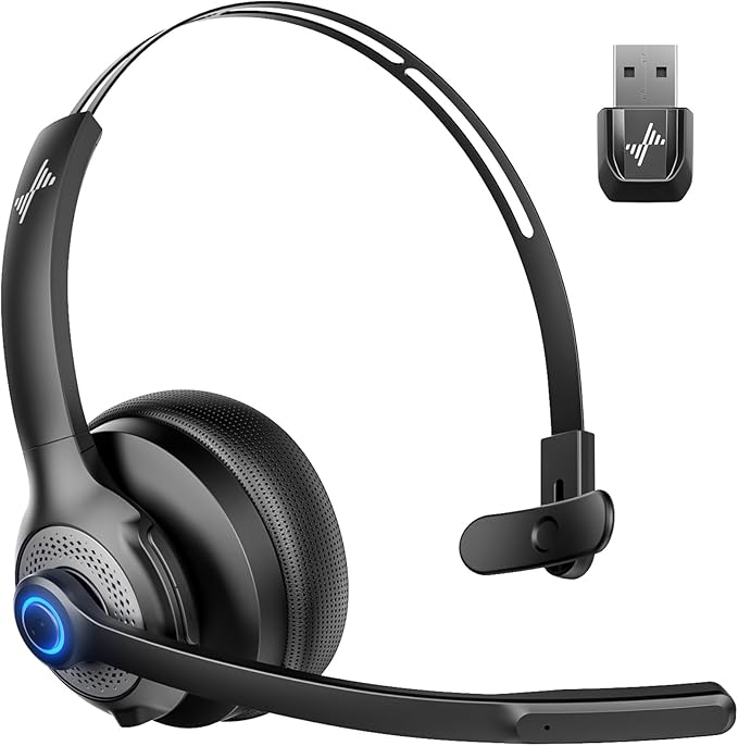 JIAMQISHI Bluetooth Wireless Headset with Mic for Work, Clear Call, Bluetooth 5.2, Mic Mute Function, USB Dongle, Applicable to PC, Laptop, Phone, Android, Zoom, Office