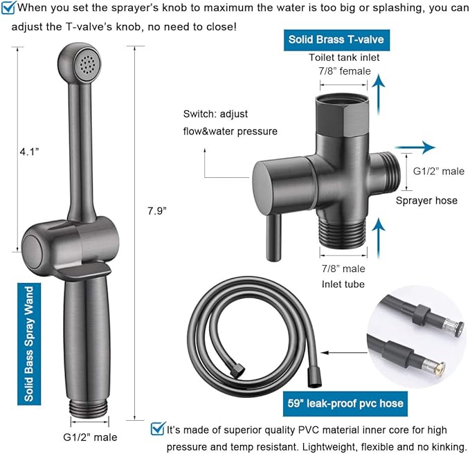 Handheld Bidet Toilet Sprayer, Black Bidet Spray for Toilet, Cloth Diaper Sprayer with Backflow Preventer, Adjustable Water Pressure Brass Hand Held Spray Attachment