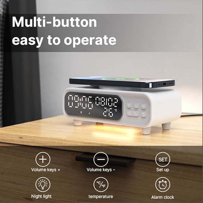 IHAO 5in1 Alarm Clock with Wireless Charging Night Light 15W Fast Charger for Phone and Headphone, LED Digital Display with Date & Temperature, Dimmable for Bedroom & Office-D15 Clock White