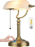Newrays White Matted Glass Bankers Desk Lamp, Stepless Dimmable Table Lamp Plug in Fixture for Study, Home Office,Library, LED Bulb Included
