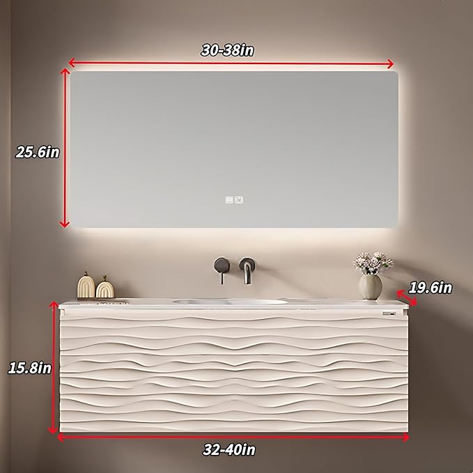 32IN Bathroom Vanity - Smart Defogging Mirror Cabinet | Waterproofing Technology & Wave Shaped Door Panel, Floating Bathroom Vanities with Large Storage Space (Mirror)