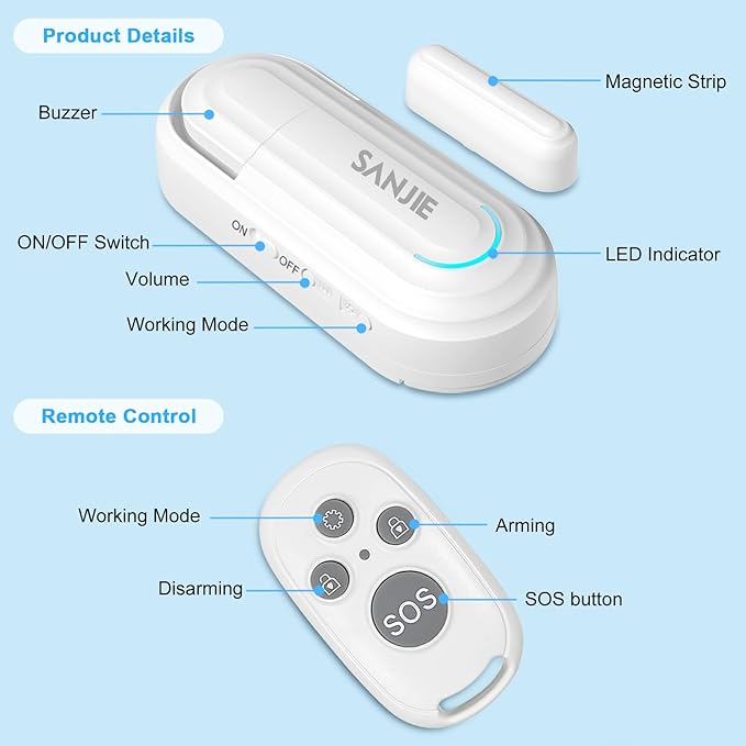Sanjie Door Alarms for Kids Safety/Home Security/Dementia,Pool Door Alarm Wireless,4 Working Modes,0-120dB Volume Adjustable,Window Door Alarms When Opened,1 Sensor 1 Remote Control