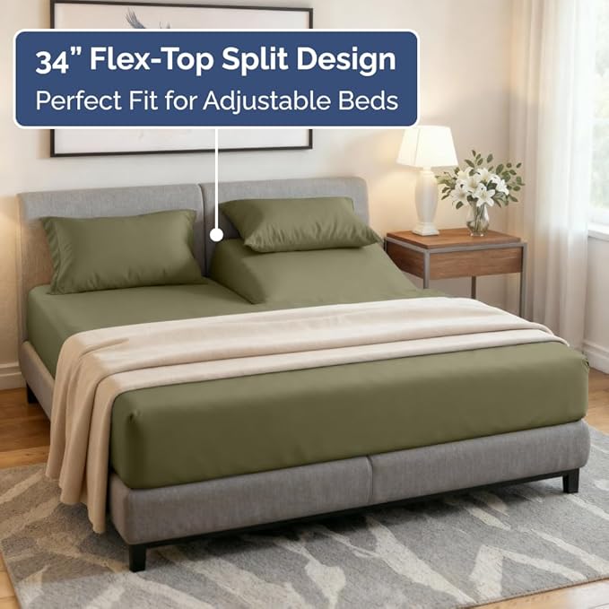 Split Head King Sheet Set – 4 Piece Flex Split Top King Sheets for Adjustable Beds - Fits 14” to 16" Mattress w/ Deep Pockets - Soft, Breathable & Cooling - Luxury Bedding & Wrinkle Free - Sage Green