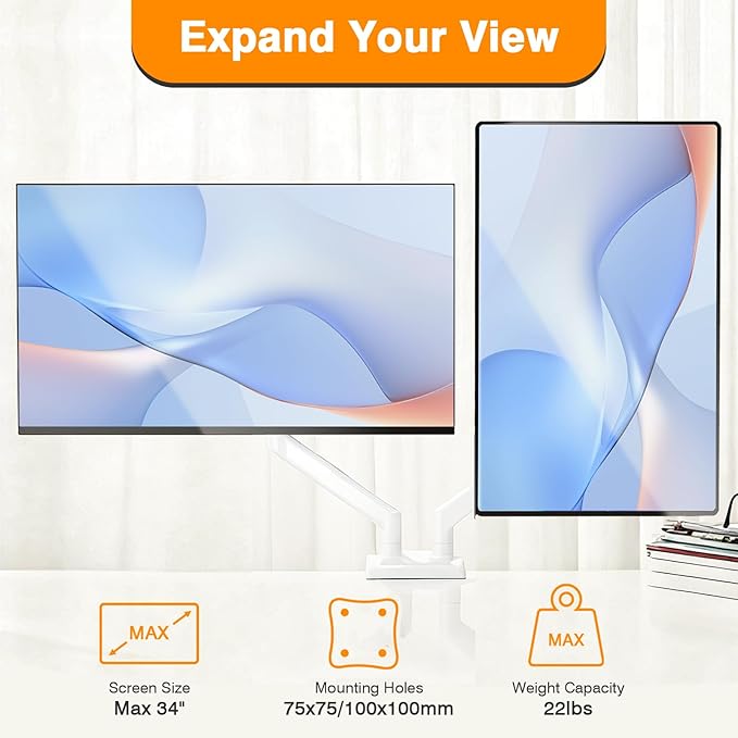 XEVKZO Dual Monitor Arms, Gas Spring Monitor Arms for 2 Monitors up to 34" Curved/Flat, 22lbs per Arm, VESA Mount 75x75 100x100mm, C-Clamp & Grommet Base, Adjustable Tilt/Swivel/Rotation White