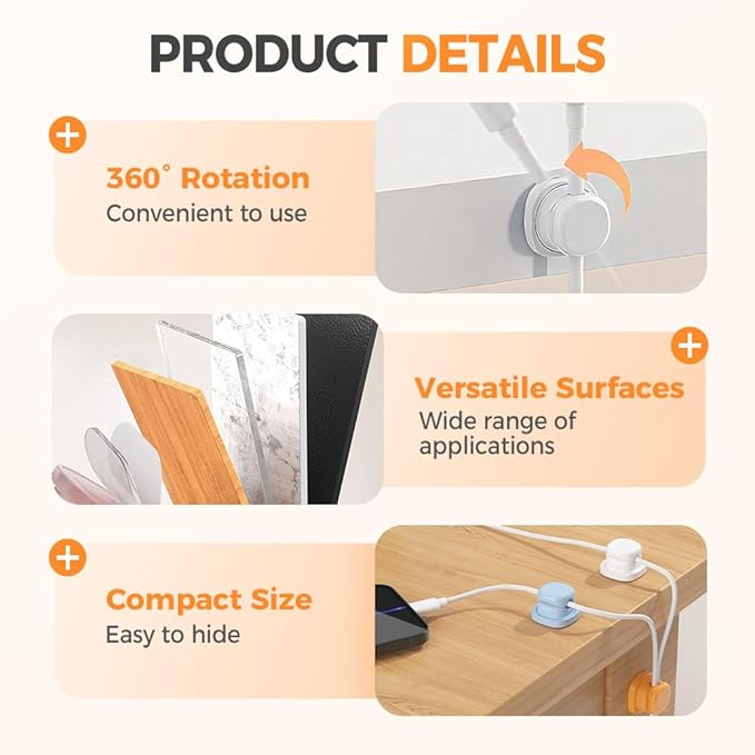 Magnetic Cord Organizer Holder, Upgrade Cord Holder for Nightstand, Adhesive Wire Cable Clips Management Kit for Phone Charger, Computer, Home, Office, Desk, Nightstand (Orange, 12 Packs)