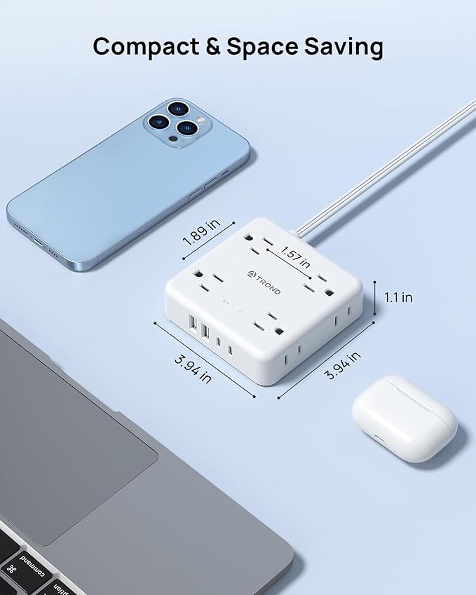 TROND 360° Rotating Plug Power Strip, 5FT Flat Extension Cord with Multiple Outlets 4 USB (2 USB C), Wall Mount Surge Protector 1440 Joules for Home Office Travel Dorm Room Essentials, White