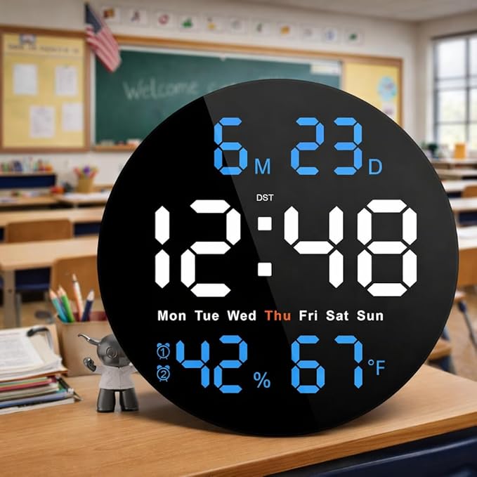 Brauthon Large Digital Clock for Classroom, Digital Classroom Clocks for Teachers, 10" Round LED Clock with Large Display，Date, Countdown Timer, Remote Control, Temperature, Electric (Blue)