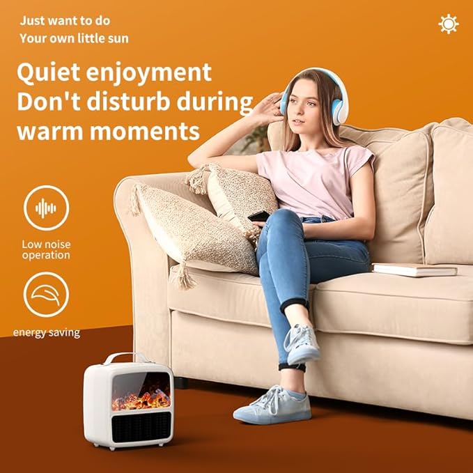 2nd Generation Mini Electric Space Heater with 3D Flames, Portable & Quiet Fireplace Heater for Bedroom, Office & Small Rooms 1500W/ PTC Ceramic Heating, New Switch Settings on top, Classic White.