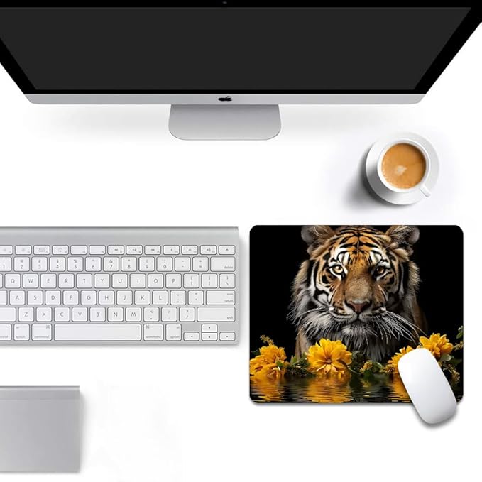 Tigers and Yellow Flowers Square Mouse pad, Texture, Waterproof, Anti Slip Rubber Base, Computer Mouse pad, Laptop Mouse pad
