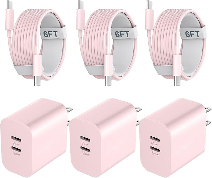 Fast Charger Block, 20W Dual Port USB C Fast Charger Block with 6FT Long USB C to C Charging Cable Cord for Phone 17 16 15 Pro Max/17 16 15 Pro/17 16 15/16 15 Plus-Pink