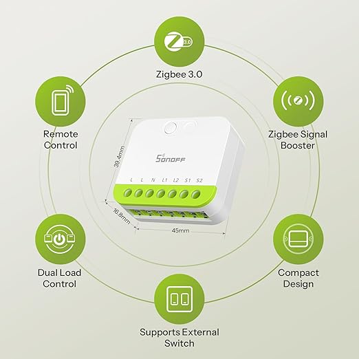 SONOFF MINI Duo 2 - Channel Zigbee Smart Switch, Zigbee 3.0 Enabled, 16A Total Load, Compact for Standard Boxes, Remote & Automated Control via Zigbee Hub