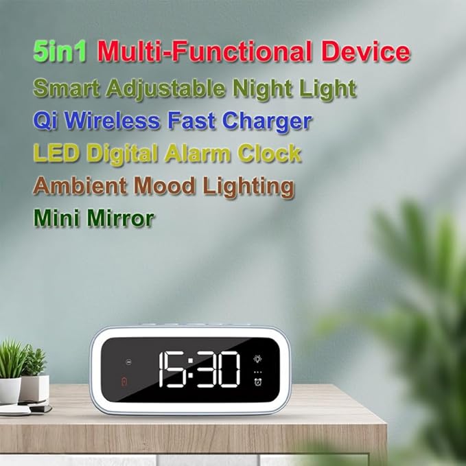 AYI 4in1 Smart Wireless Charging Alarm Clock with Mirror Display | 15W Fast Charger for Phone & Earbuds, 3 Group Alarms, Warm White/Yellow Night Light, Temperature Display Extra USB Port-White